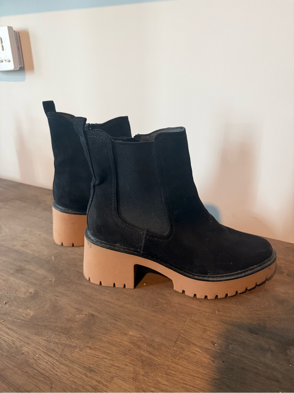 Black Suede Chelsea Lug Boot with Tan Platform Sole